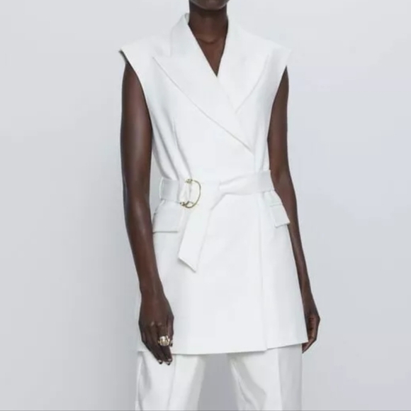 ZARA Long V-neck white vest dress with belt size L - Picture 6 of 14